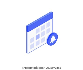 Calendar notification, time management, schedule alert, event, date notify isometric illustrate 3d vector icon. Modern creative design illustration in flat line style.