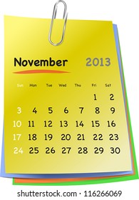 Calendar for november 2013 on colorful sticky notes attached with metallic clip. Sundays first. Vector illustration