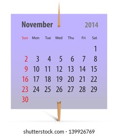 Calendar for November 2014 on a violet sticker attached with toothpick. Vector illustration