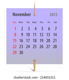 Calendar for November 2015 on a violet sticker attached with toothpick. Vector illustration