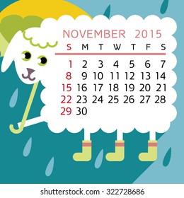 calendar November 2015 with sheep in flat style