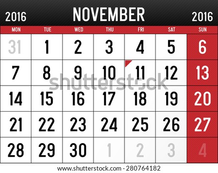 Calendar for November, 2016