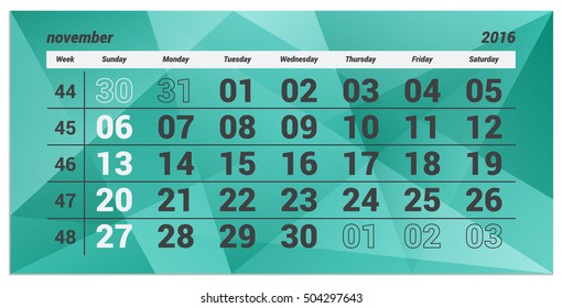 Calendar for November 2016. On the calendar shows the year, month, week and date. Sunday indicated with a separate color.