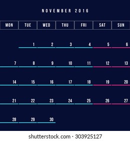 Calendar November 2016 vector design template - Minimalism Style