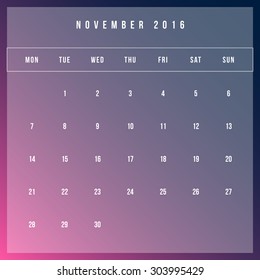 Calendar November 2016 vector design template - Minimalism Style