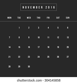 Calendar November 2016 vector design template - Minimalism Style