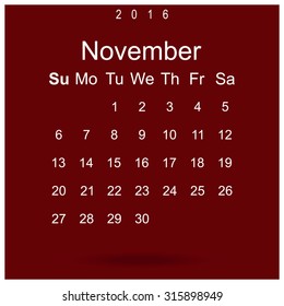 Calendar November 2016 vector design. Week starts from Sunday.