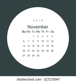 Calendar November 2016 vector design. Week starts from Sunday.