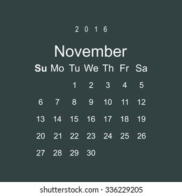 Calendar November 2016 vector design. Week starts from Sunday.