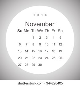 Calendar November 2016 vector design. Week starts from Sunday.