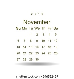 Calendar November 2016 vector design. Week starts from Sunday.
