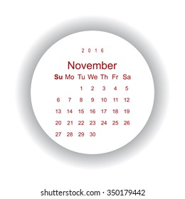 Calendar November 2016 vector design. Week starts from Sunday. icon, vector illustration. Modern design. Flat design style