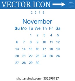 Calendar November 2016 vector design. Week starts from Sunday. icon