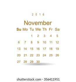 Calendar November 2016 vector design. Week starts from Sunday. icon
