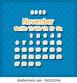 Calendar November 2016 vector design. Week starts from Sunday. icon, vector illustration. Modern design. Flat design style