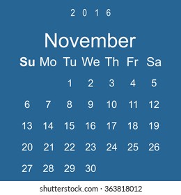 Calendar November 2016 vector design. Week starts from Sunday. icon, vector illustration. Modern design. Flat design style