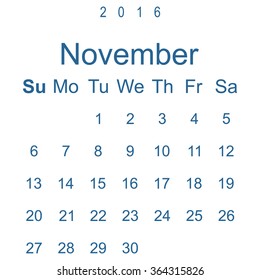 Calendar November 2016 vector design. Week starts from Sunday. icon, vector illustration. Modern design. Flat design style