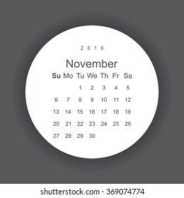 Calendar November 2016 vector design. Week starts from Sunday. icon, vector illustration. Modern design. Flat design style