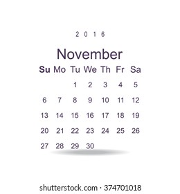 Calendar November 2016 vector design. Week starts from Sunday. icon
