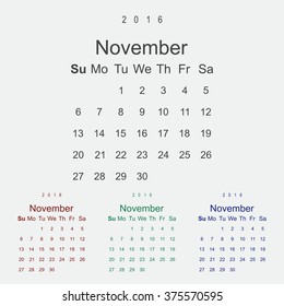 Calendar November 2016 vector design. Week starts from Sunday.