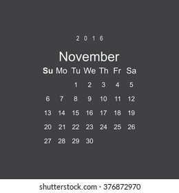 Calendar November 2016 vector design. Week starts from Sunday.