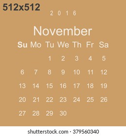 Calendar November 2016 vector design. Week starts from Sunday.