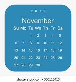 Calendar November 2016 vector design. Week starts from Sunday.