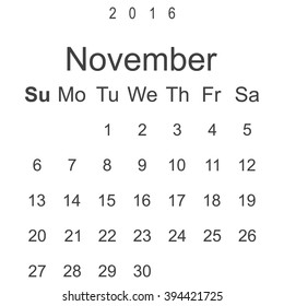 Calendar November 2016 vector design. Week starts from Sunday.