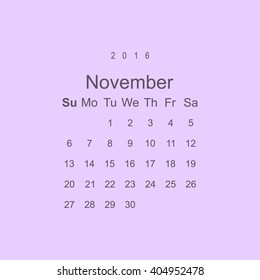 Calendar November 2016 vector design. Week starts from Sunday.