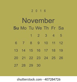 Calendar November 2016 vector design. Week starts from Sunday.