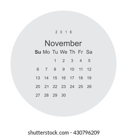 Calendar November 2016 vector design. Week starts from Sunday.
