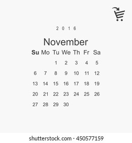 Calendar November 2016 vector design. Week starts from Sunday.
