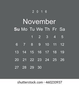 Calendar November 2016 vector design. Week starts from Sunday.