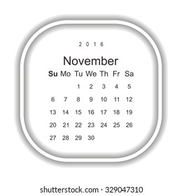 Calendar November 2016. Week starts from Sunday. Modern design flat style icon