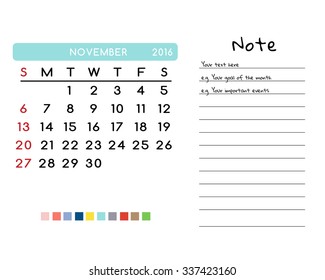 Calendar for November 2016. Week Starts Sunday. Clean and Simple Vector Template with pan tone color palette