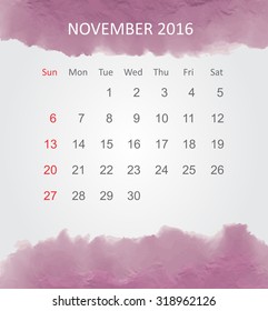 Calendar for november 2016.Vector illustration.