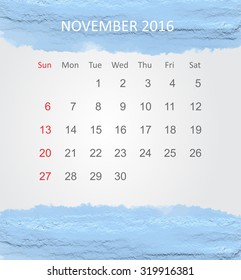 Calendar for november 2016.Vector illustration.