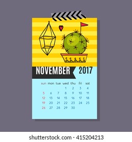 Calendar for November  2017 of cacti, succulents in a contemporary style on a blue background and patterns. Vector.