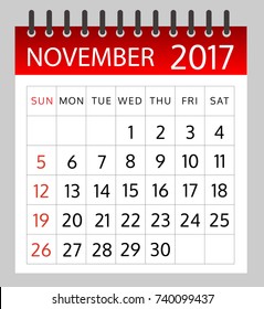 Calendar of November 2017 on white background - illustration - Vector EPS 10

