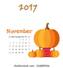 Calendar November 2017. Vector Template. Week starts Sunday