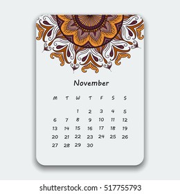 Calendar November 2017. Vintage decorative colorful elements. Ornamental floral oriental pattern. Vector illustration with Islam, Arabic, Indian, turkish, pakistan chinese ottoman motifs.