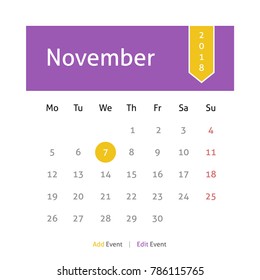 Calendar November 2018 vector design. Week starts from Monday.