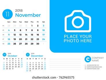 Calendar for November 2018 year. Vector design print template with place for photo. Week starts on Sunday