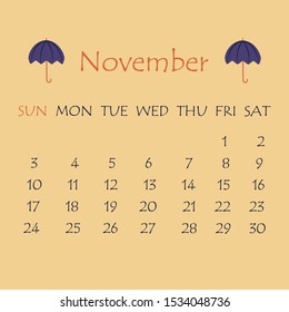 Calendar for November 2019. Beige background with a decor in the form of a blue umbrella