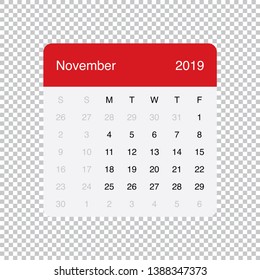 Calendar November 2019 Clean Minimal Table Simple Design. Basic Grid with a light grey background. Week Starts on Monday.