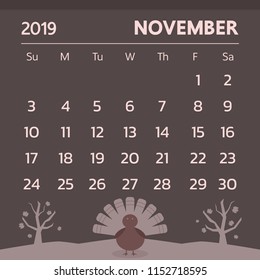 Calendar for November 2019 with thanksgiving theme