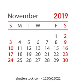 Calendar november 2019 year in simple style. Calendar planner design template. Agenda november monthly reminder. Business vector illustration.