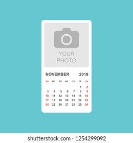 Calendar november 2019 year in simple style. Calendar planner design template. Agenda november monthly reminder with photo. Business vector illustration.