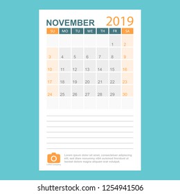 Calendar november 2019 year in simple style. Calendar planner design template. Agenda monthly november template with company logo. Business vector illustration.