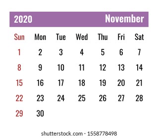 Calendar for November 2020. Colored hat, holidays in red, white background. Flat style. Week starts on Sunday. Vector